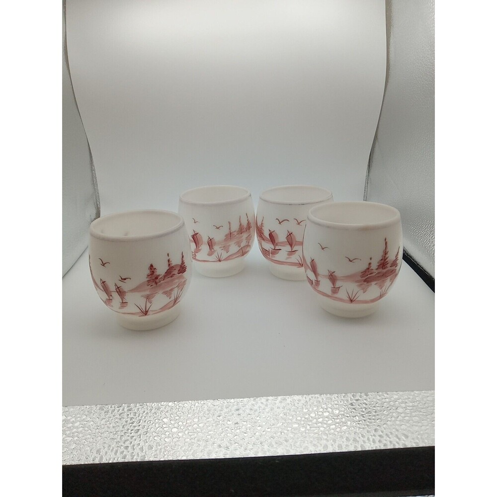 Vintage Dunbar Milk Glass Juice Cups Lot Of 4 Hand Painted Red Sailboat 3-1/2"